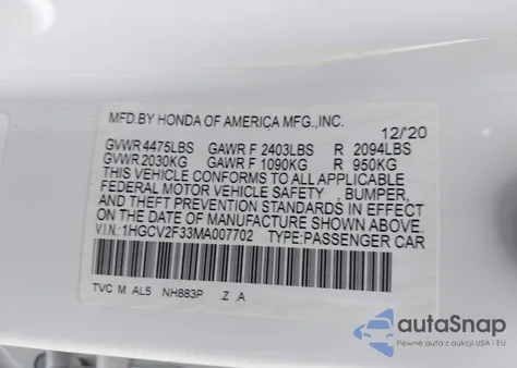 2021 Honda Accord Sport 2.0T из США, поврежденный, VIN 1HGCV2F33MA007702